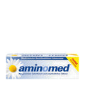 Packaging of aminomed chamomile medical toothpaste cream, 75 mL, with branding and product information displayed.