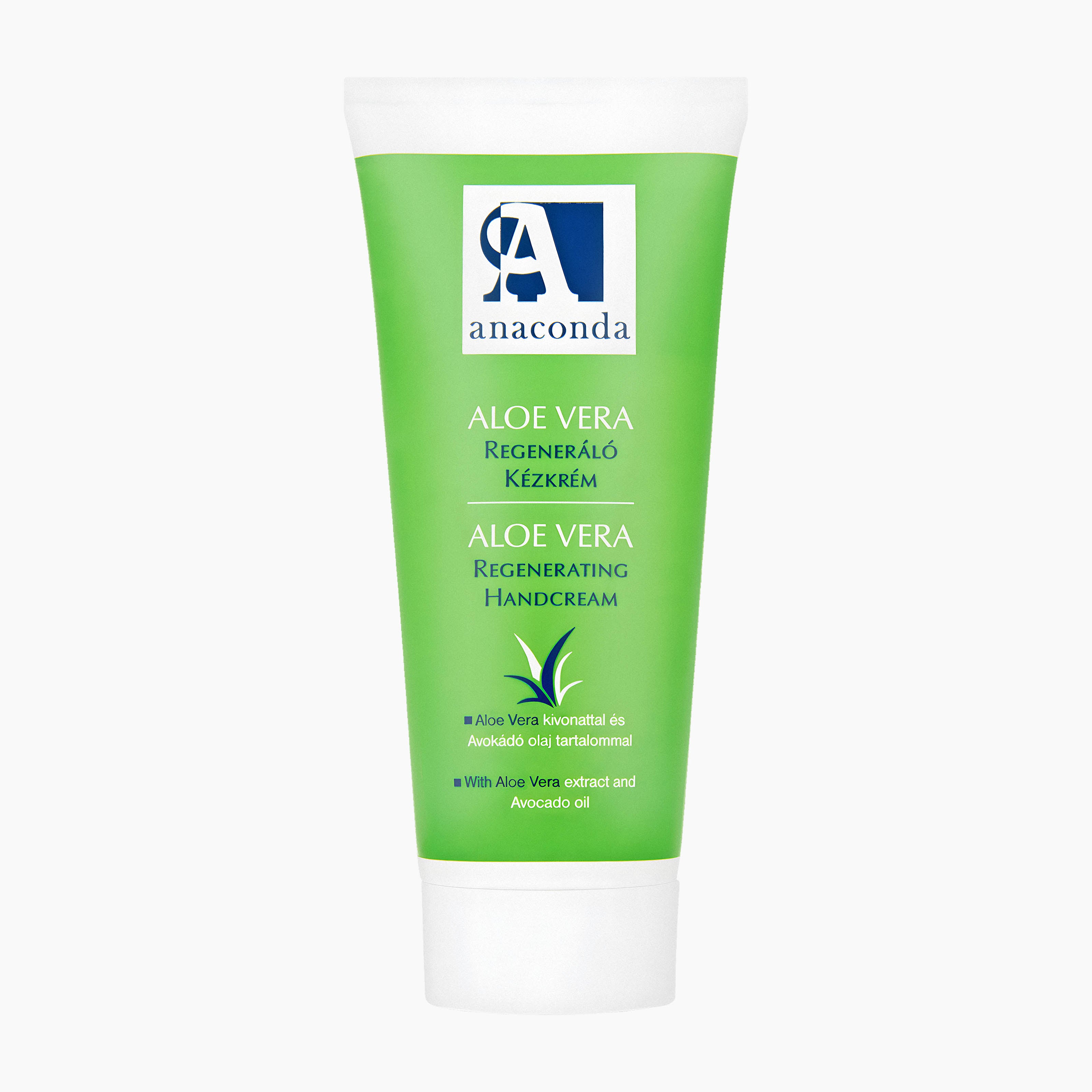 Anaconda Aloe Vera Regenerating Hand Cream in a green squeeze tube with a white cap, shown on a light gray background.