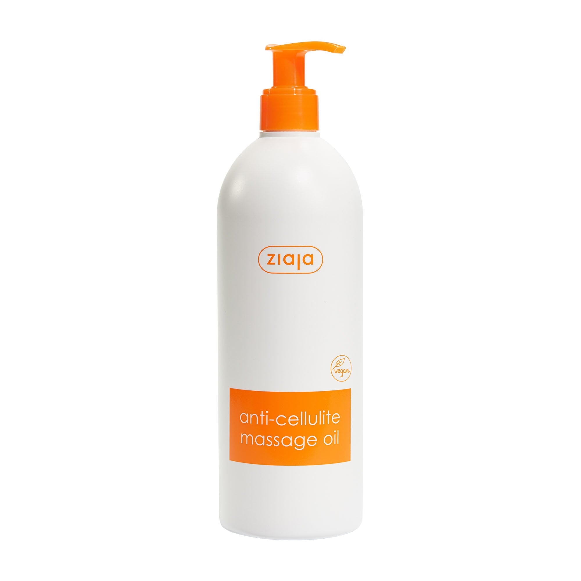 Bottle of Ziaja Anti-Cellulite Massage Oil with orange pump and labels on a white background
