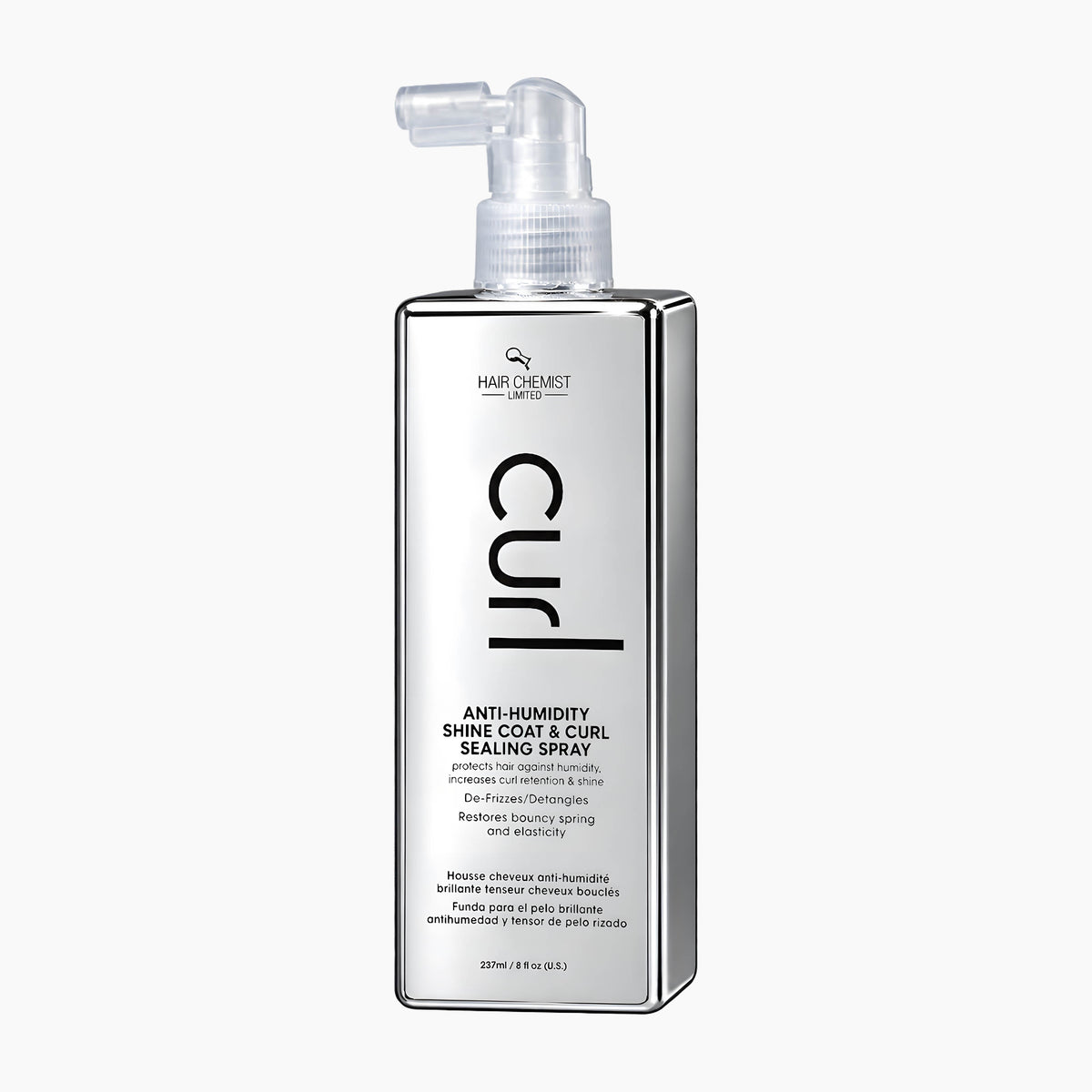 A bottle of Curl Anti-Humidity Shine Coat & Curl Sealing Spray by Hair Chemist, featuring a metallic silver rectangular bottle with a clear spray nozzle, set against a plain light gray background.