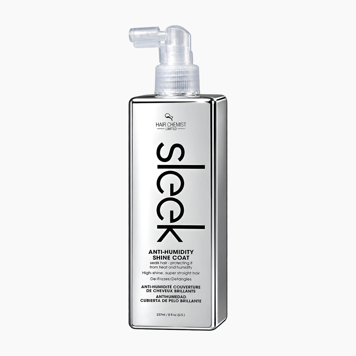 A bottle of Sleek Anti-Humidity Shine Coat hair protectant by Hair Chemist, featuring a sleek silver rectangular bottle with a clear spray top, set against a plain white background.