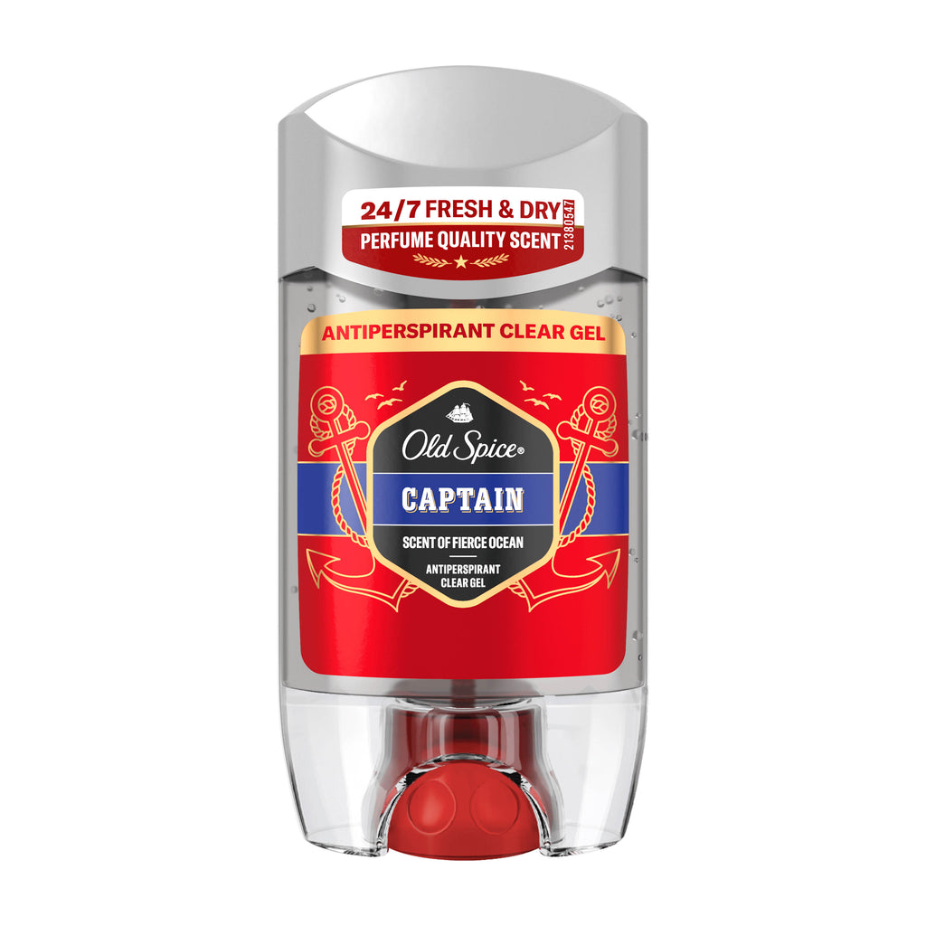 Old Spice Captain antiperspirant clear gel stick on a white background
