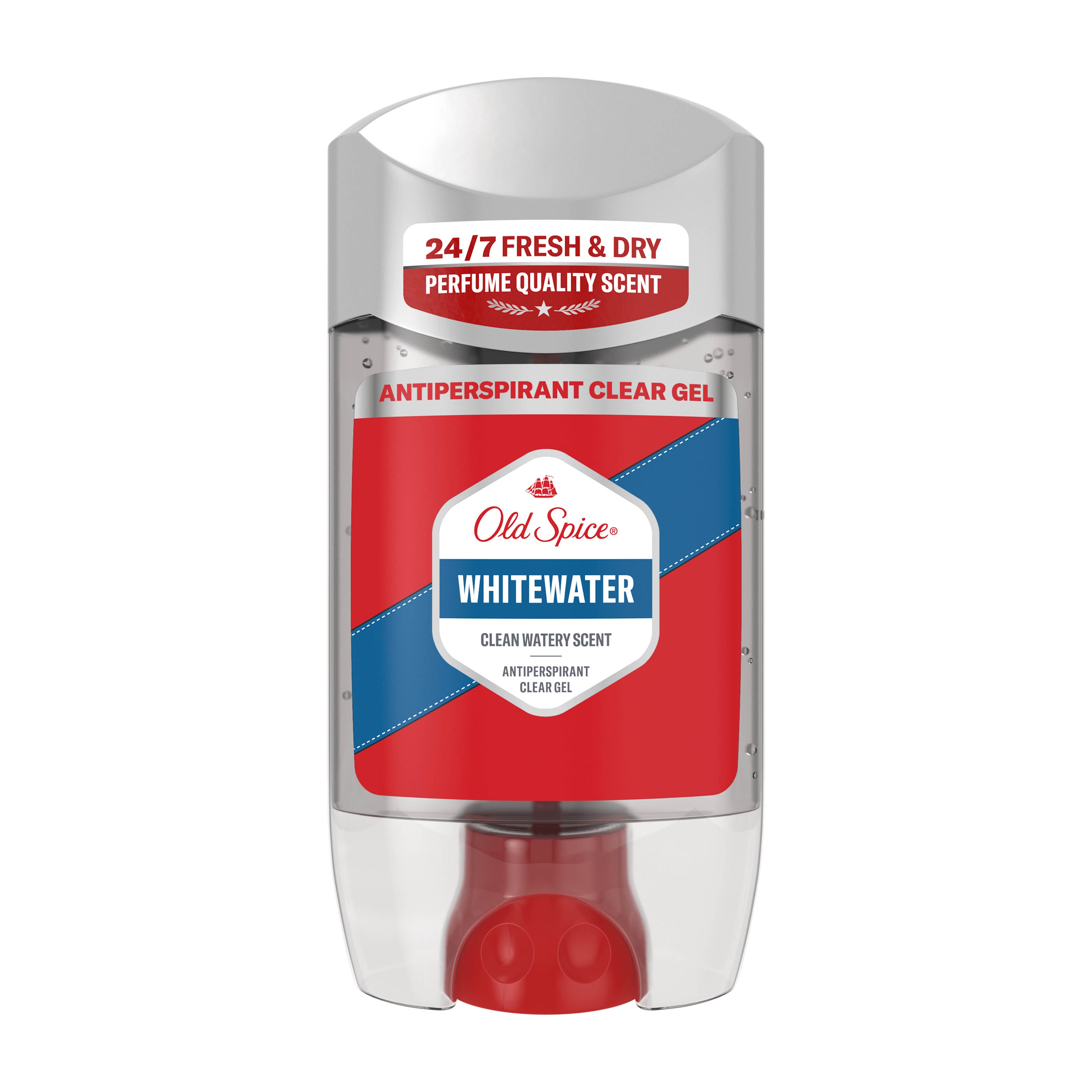 Old Spice Whitewater antiperspirant clear gel stick on a white background