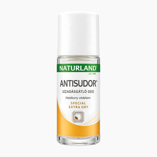 A NATURLAND Antisudor Special Extra Dry antiperspirant deodorant roll-on in a clear glass bottle with a white cap and a white, green, and orange label, shown on a light gray background.