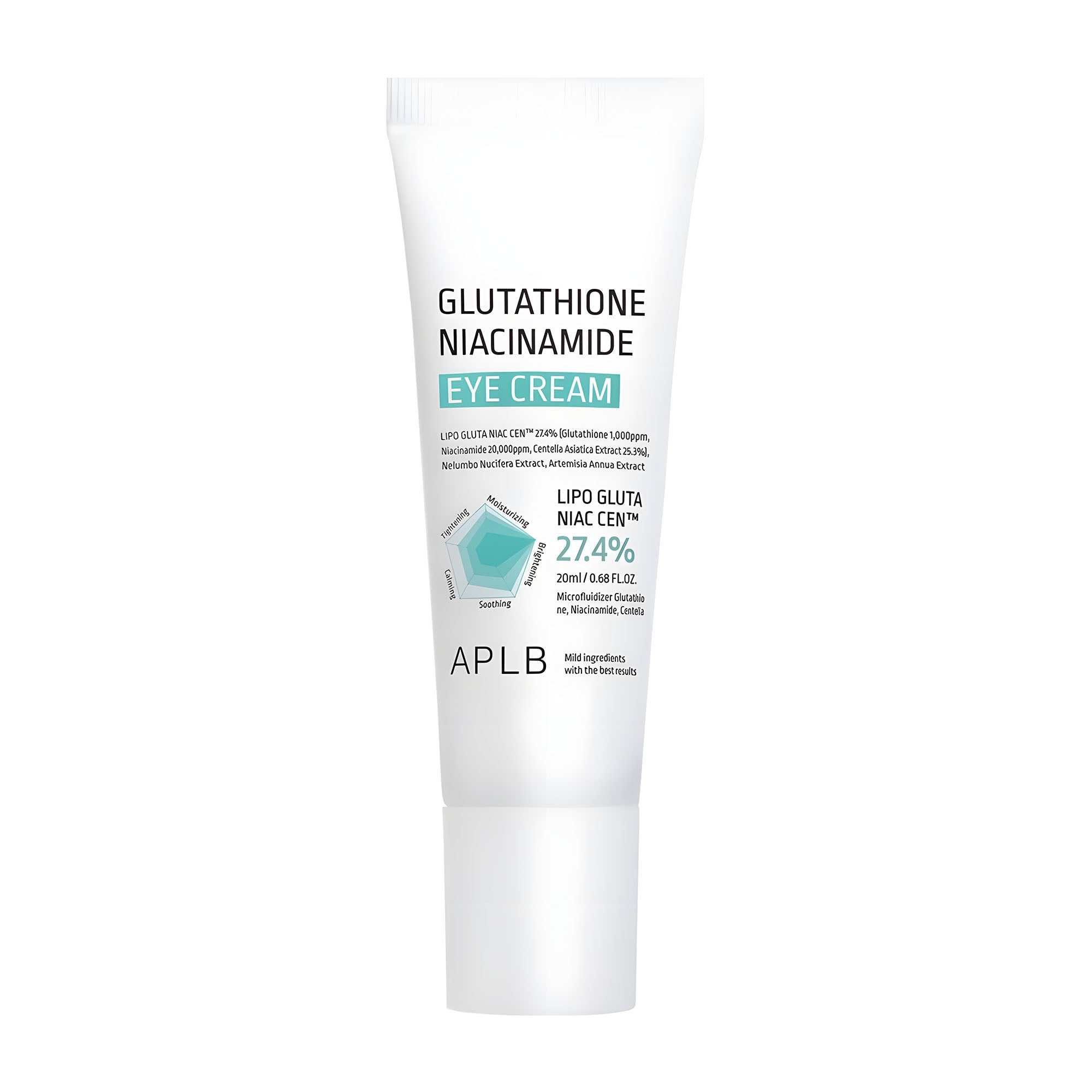 Eye cream tube labeled 'Glutathione Niacinamide' with APLB branding on a white background