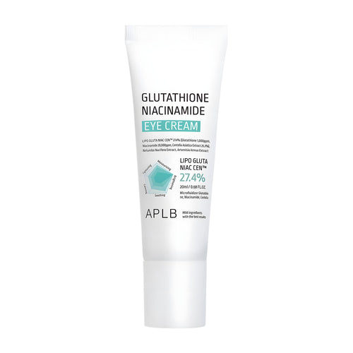 Eye cream tube labeled 'Glutathione Niacinamide' with APLB branding on a white background