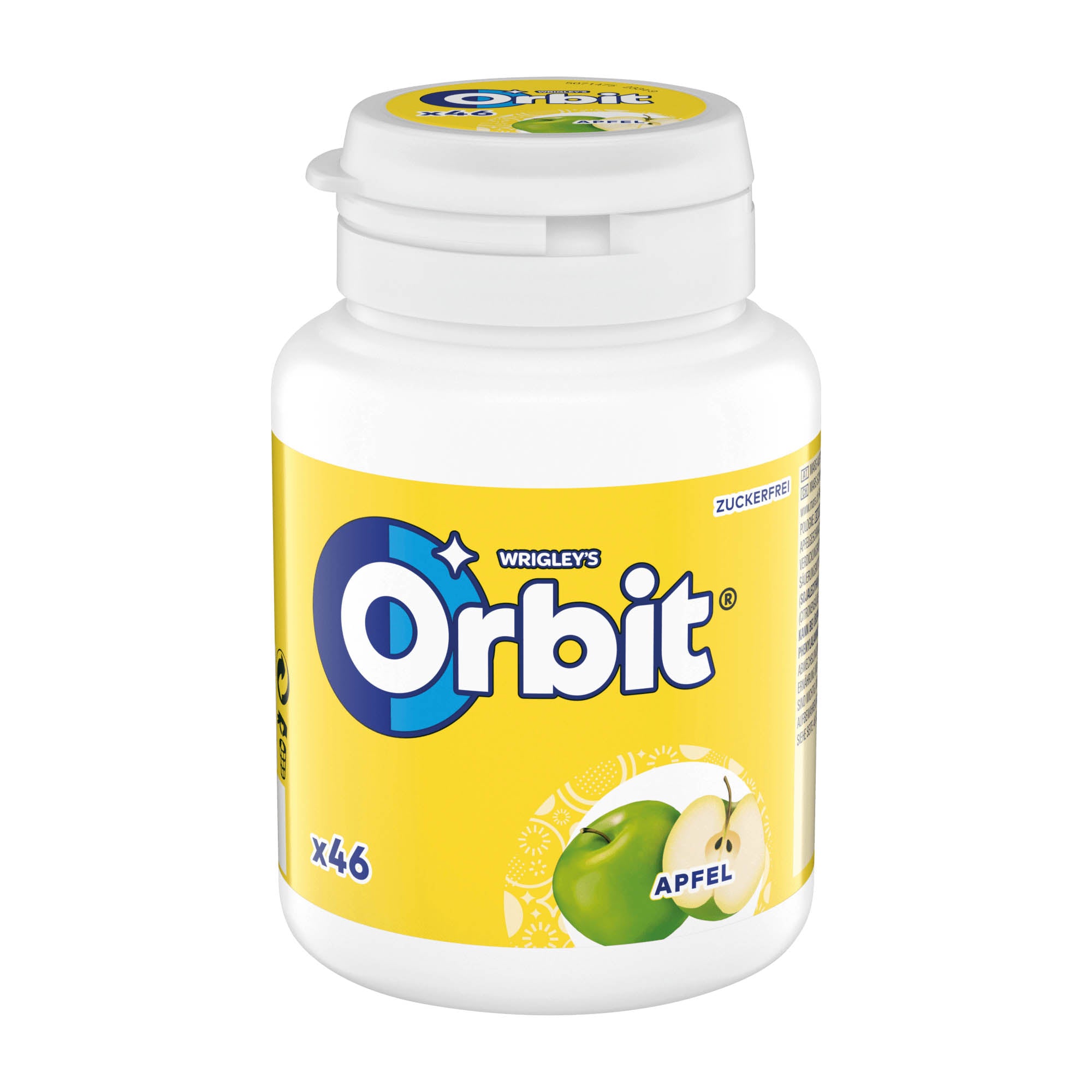 A bottle of Orbit Apple sugar-free chewing gum, containing 46 dragees, with a yellow and white label.