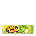 Packaging of Hubba Bubba Apple chewing gum with five individually wrapped gums displayed. The packaging is green with images of apples and the product name prominently displayed.