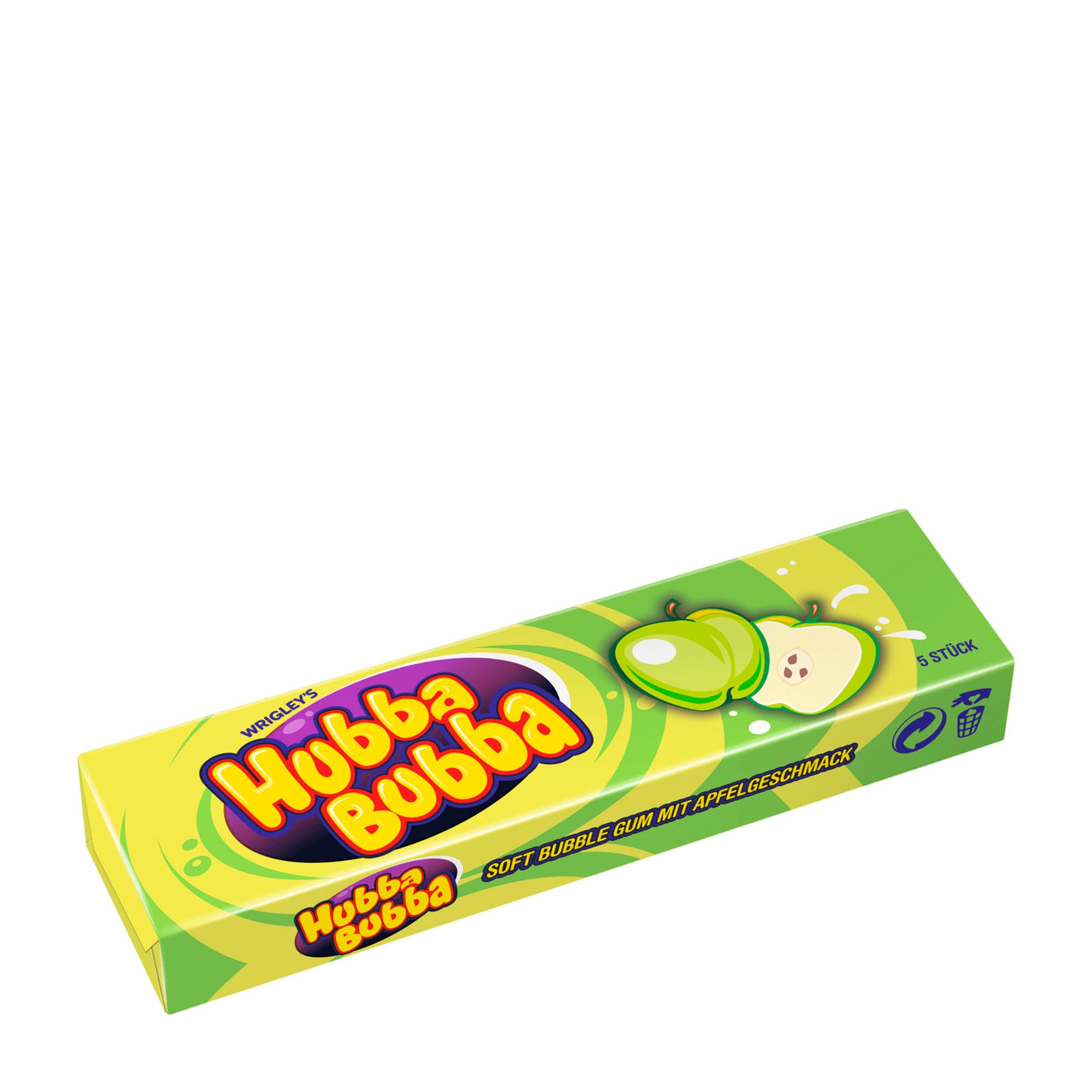 Packaging of Hubba Bubba Apple chewing gum with five individually wrapped gums displayed. The packaging is green with images of apples and the product name prominently displayed.