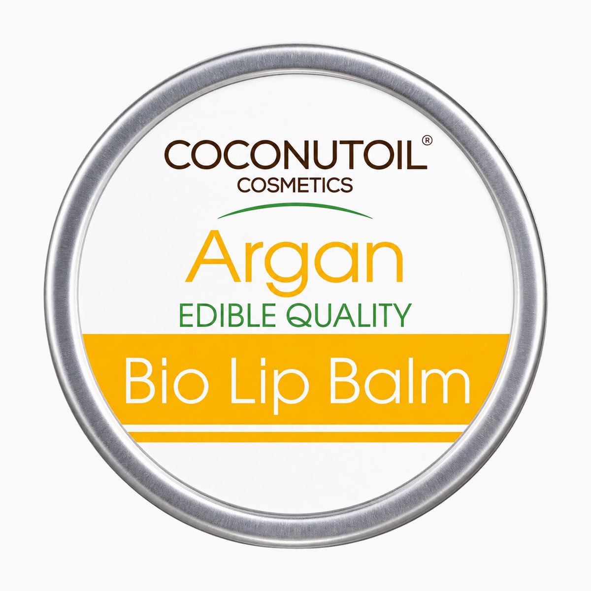 A tin container of Coconutoil Cosmetics Argan Bio Lip Balm on a light gray background.