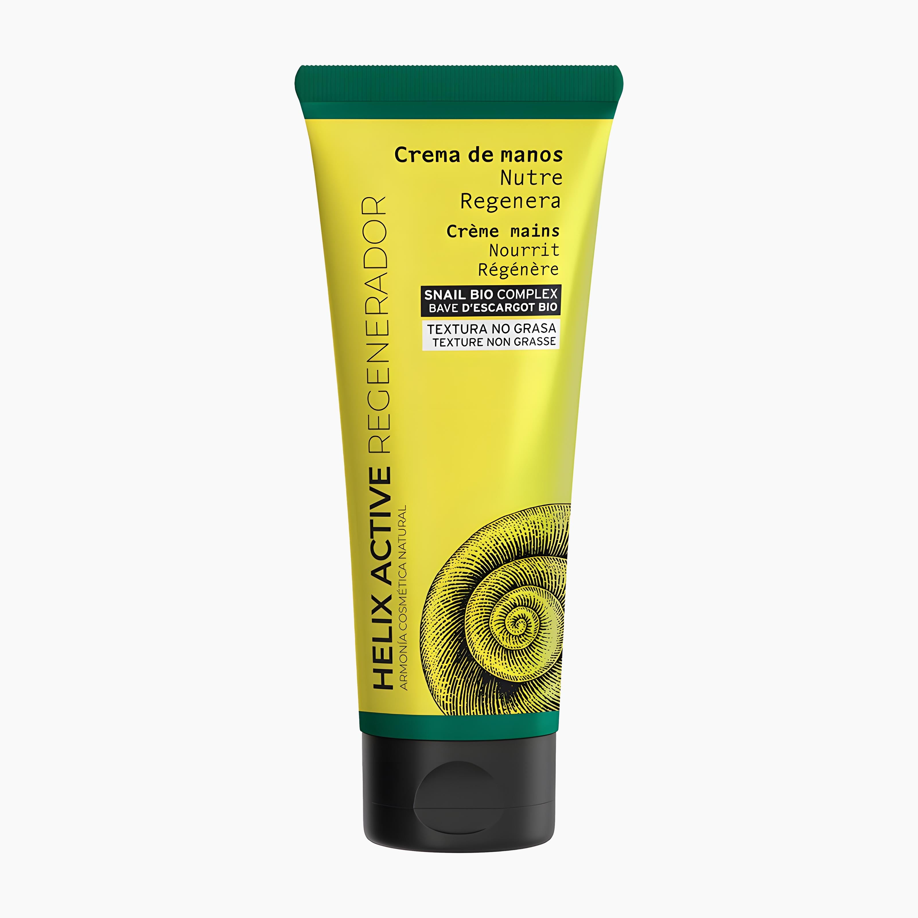 Armonia Helix Active hand cream in a squeeze tube with a yellow and green design, featuring a snail illustration and a black cap, on a light gray background.