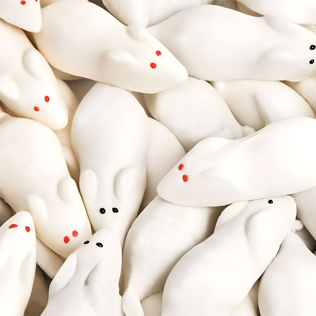 White marshmallow mice figures with red and black eyes