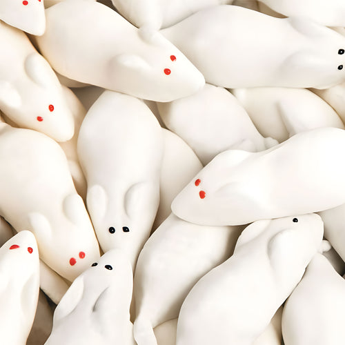 White marshmallow mice figures with red and black eyes