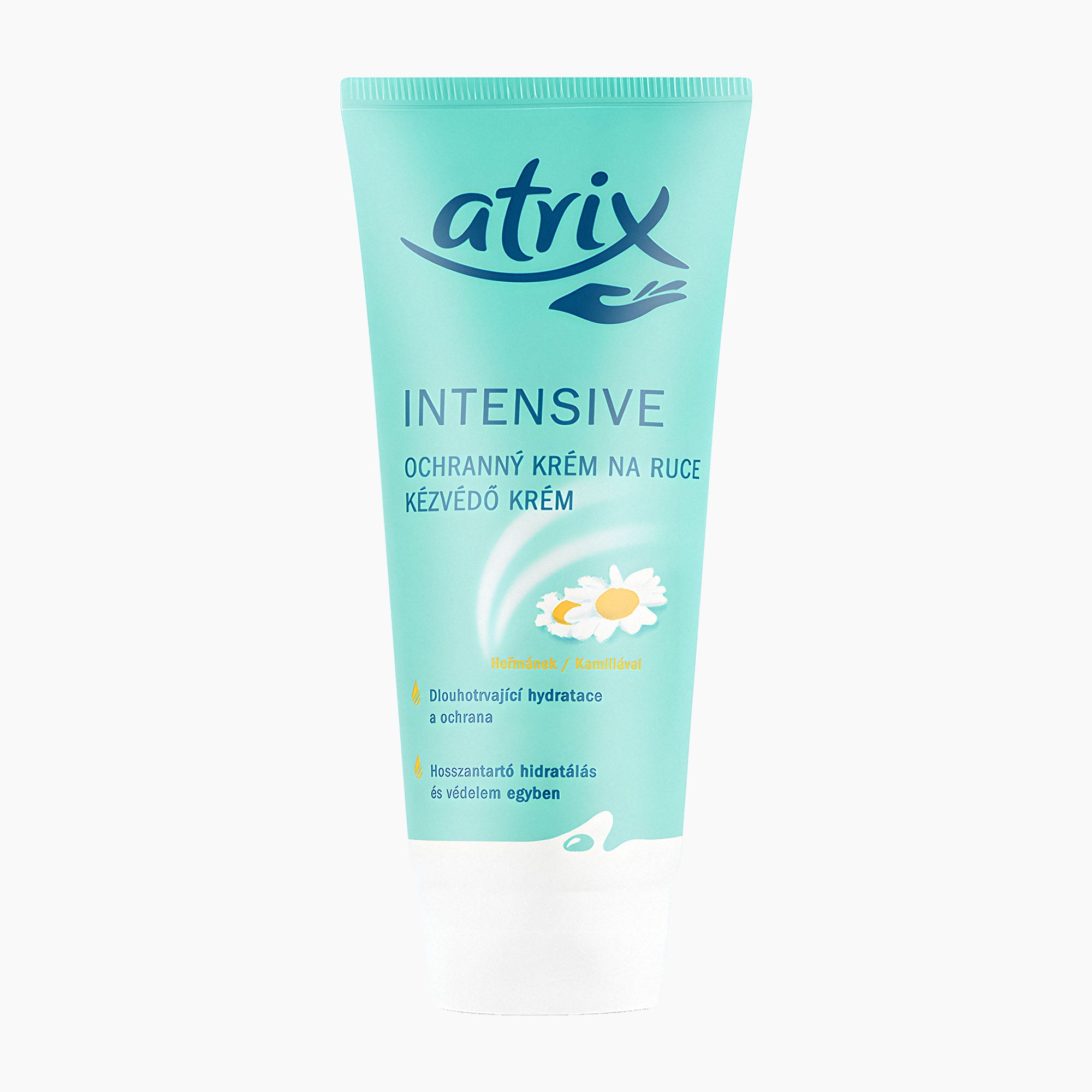 A tube of Atrix Intensive hand cream in a light mint green color with a white cap, shown against a plain white background.