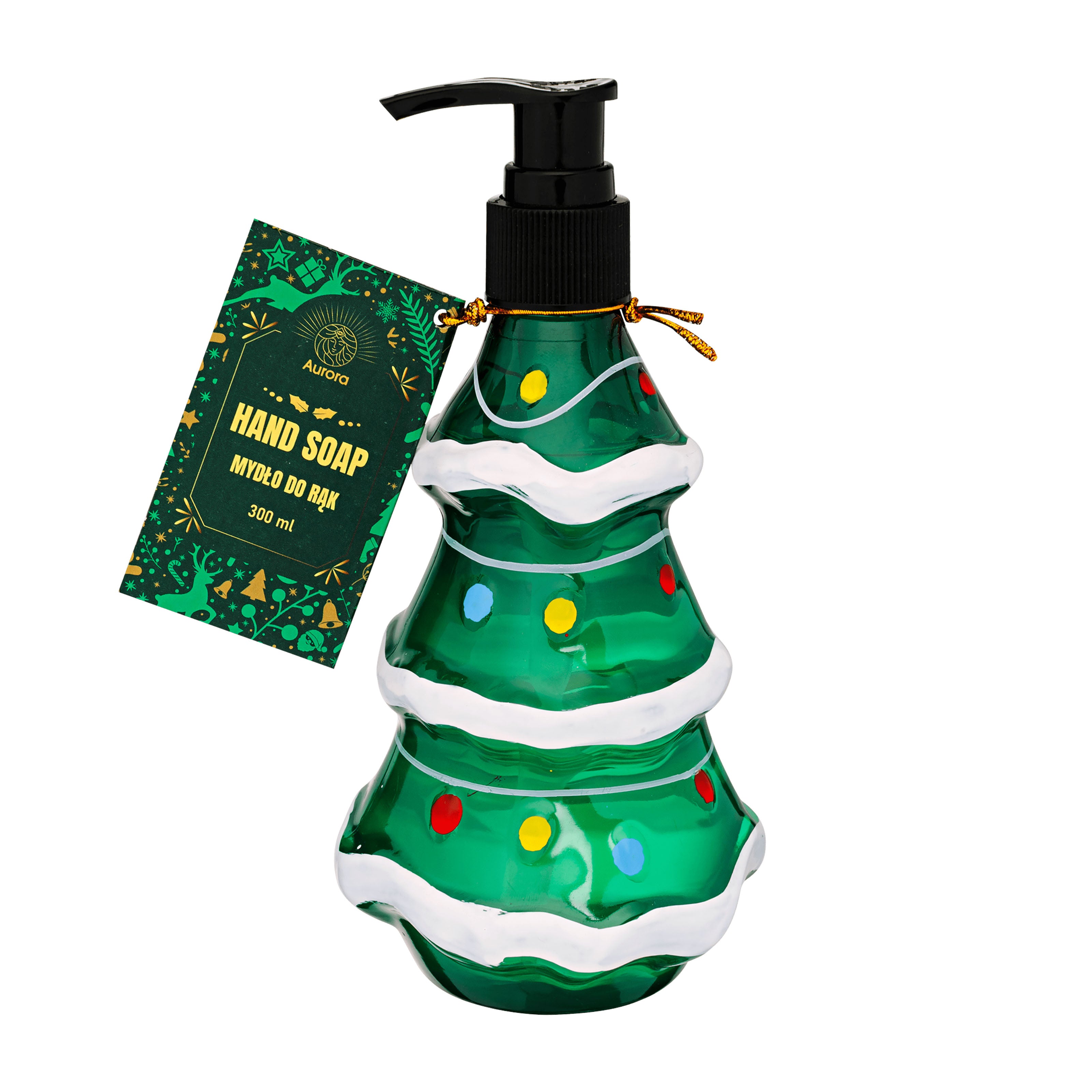 Hand soap bottle shaped like a Christmas tree with decorative lights on a white background