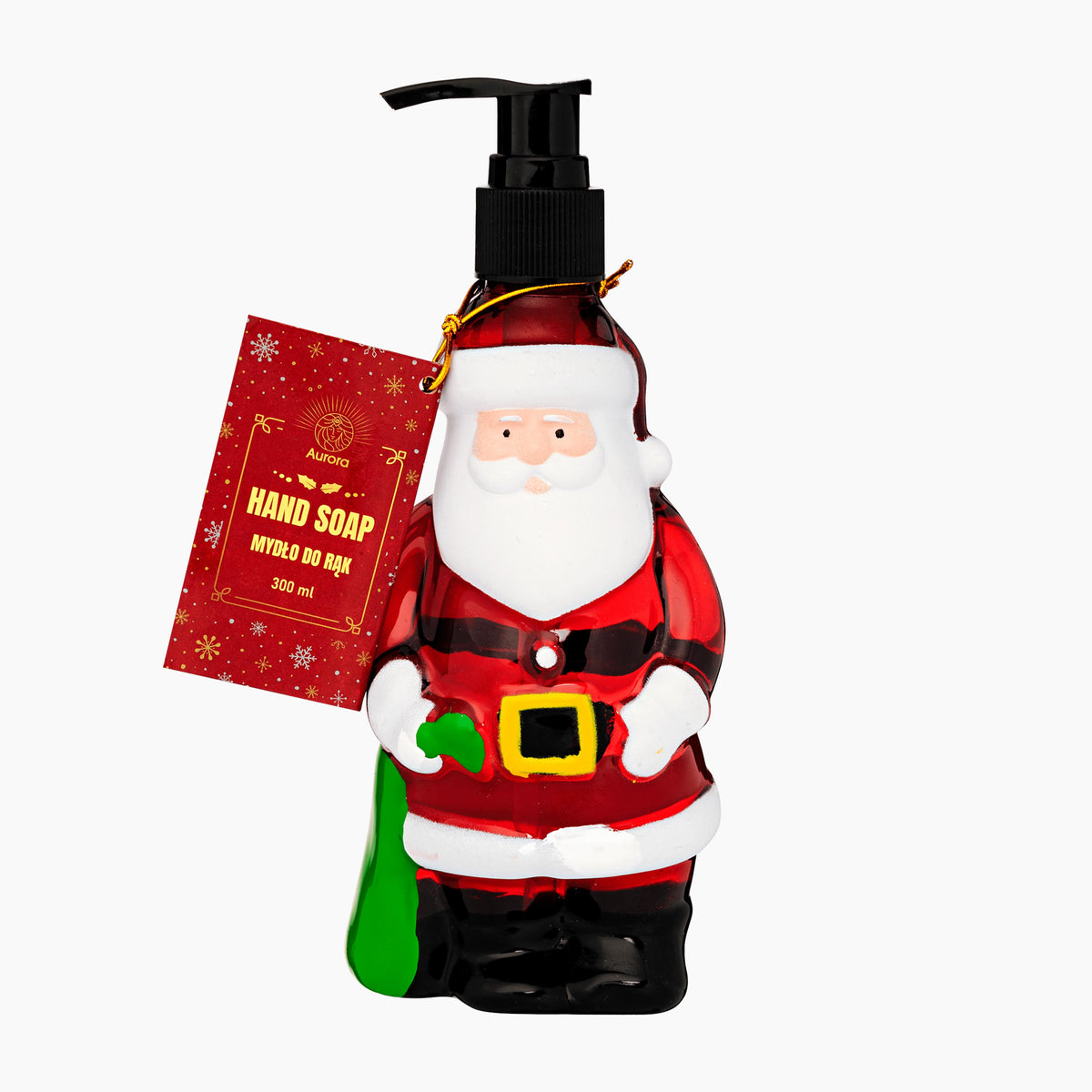Aurora Santa Claus-shaped hand soap dispenser with a black pump, holding a red gift bag on a plain white background.