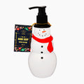 A snowman-shaped Aurora hand soap dispenser bottle with a black pump, a red scarf, and a black decorative hand soap box attached to the side, shown on a plain white background.