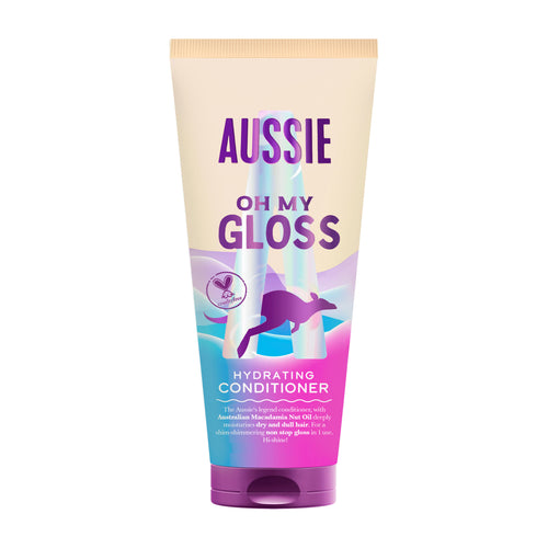 Aussie Oh My Gloss hydrating conditioner tube on a white background