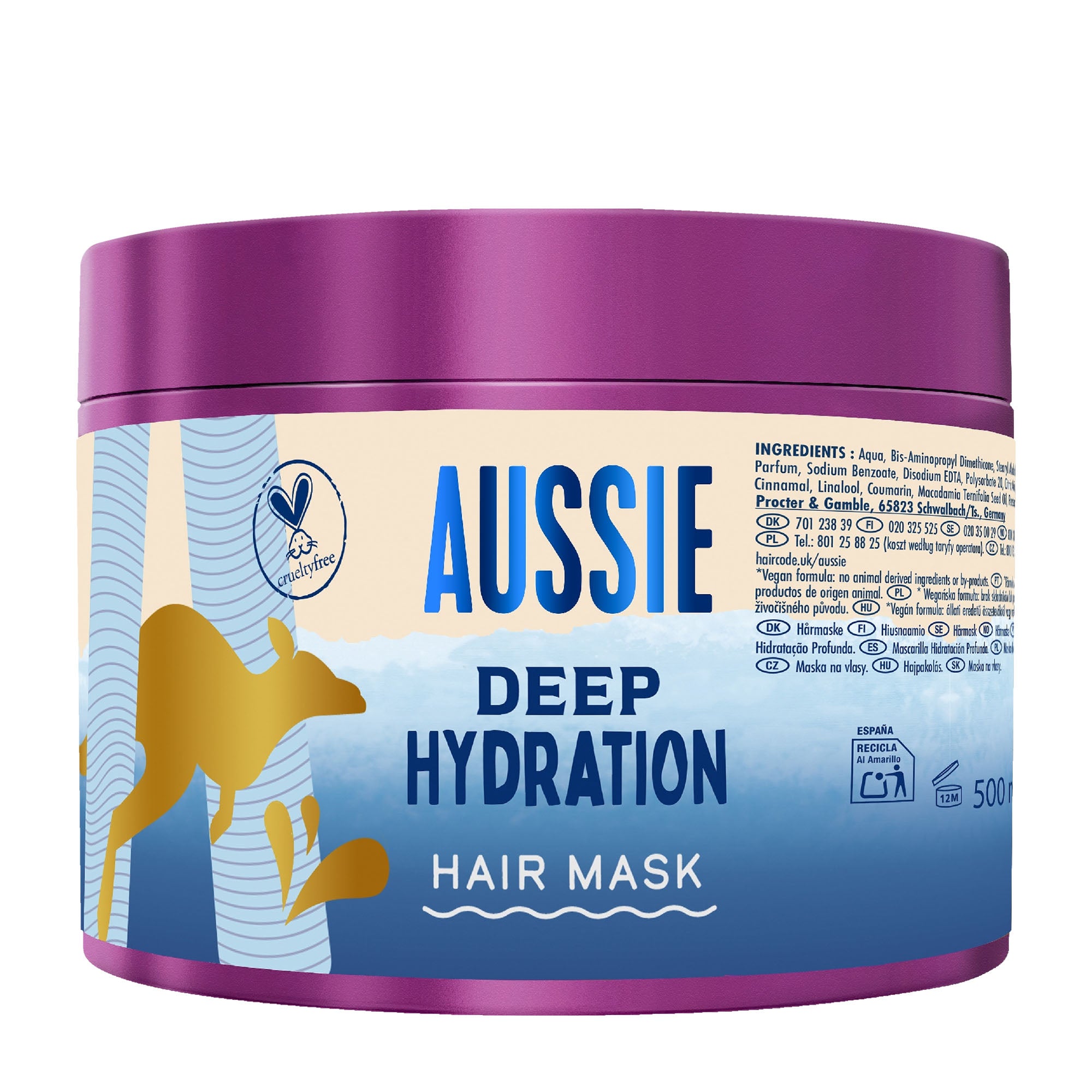 Aussie Deep Hydration hair mask jar with purple lid and blue label on a white background