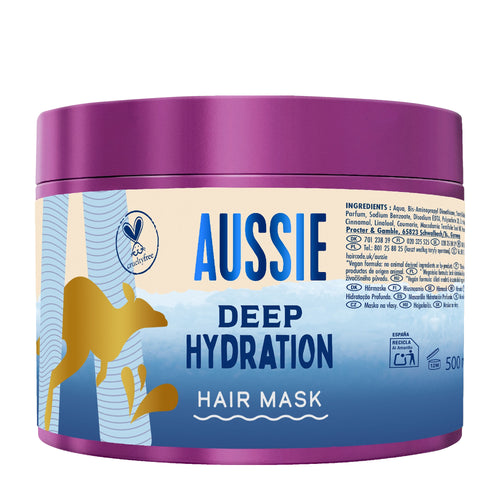 Aussie Deep Hydration hair mask jar with purple lid and blue label on a white background