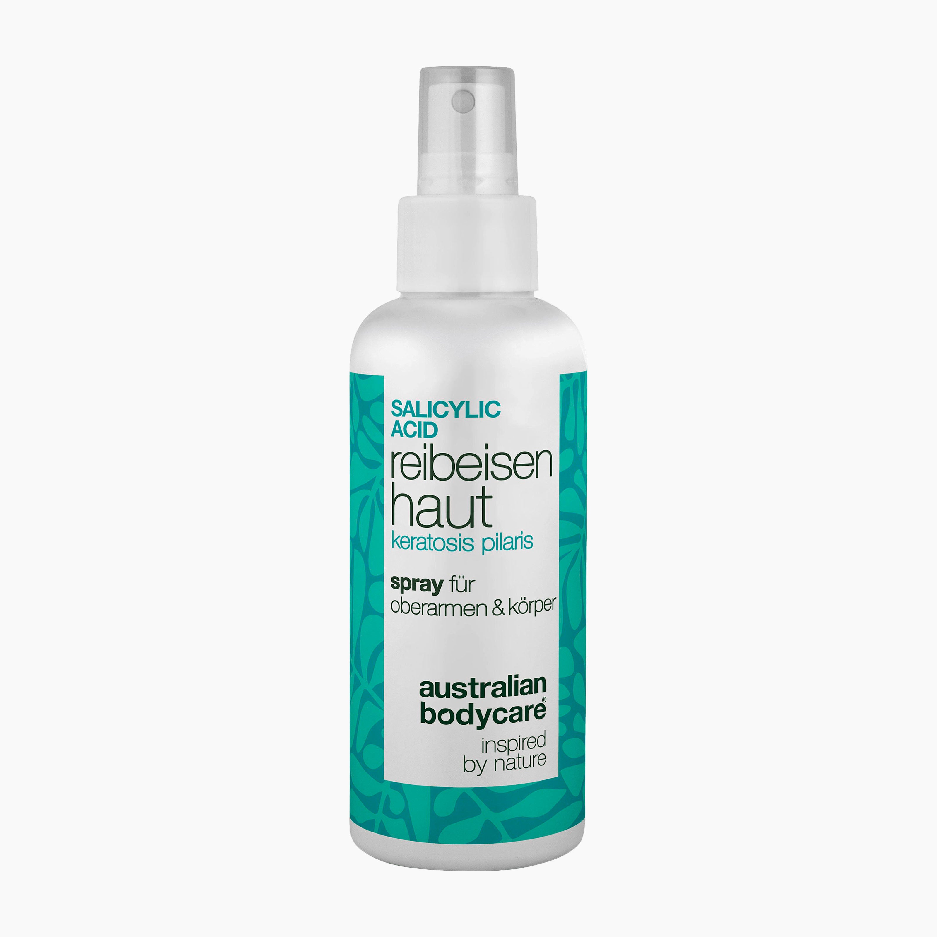 A white plastic spray bottle of Australian Bodycare Salicylic Acid Keratosis Pilaris Spray, featuring a white and teal label, on a light gray background.
