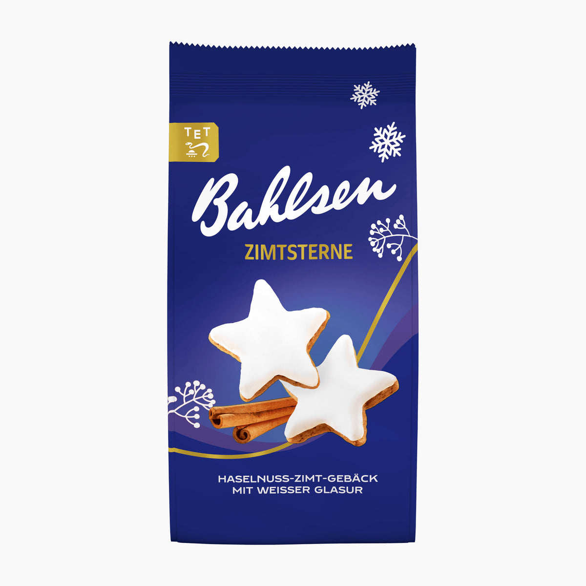 A package of Bahlsen Zimtsterne cinnamon stars cookies on a clean white background. The packaging is dark blue with white icing star illustrations, cinnamon sticks, and a small gold TET logo in the top left corner.