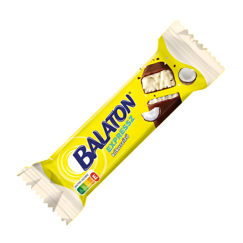 Balaton Express Coconut flavored bar packaging on a white background.