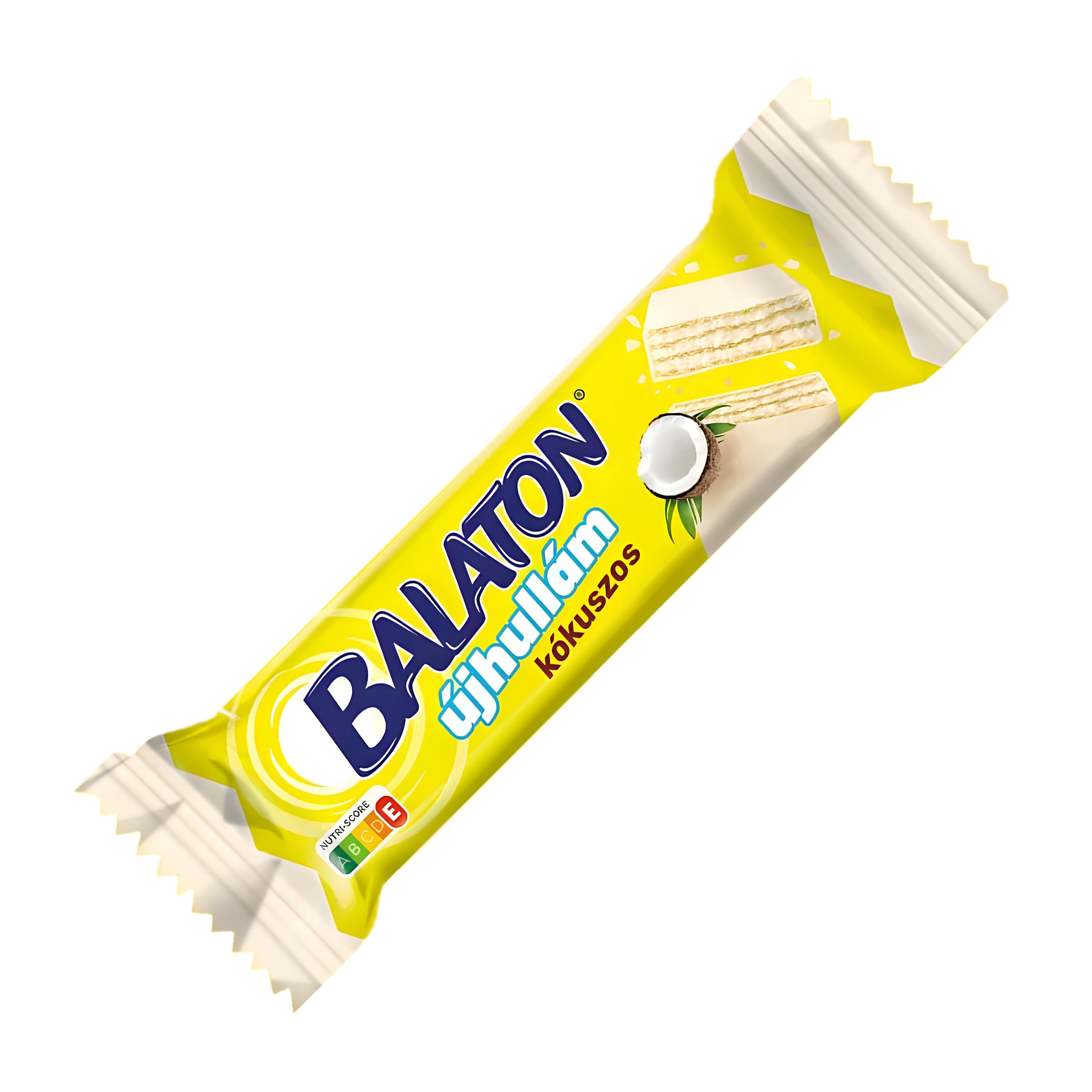 Yellow packaging of Balaton New Wave Coconut wafer bar on a white background