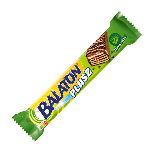 Balaton Plusz hazelnut flavored wafer bar packaging on a white background