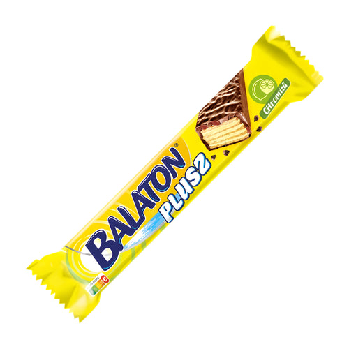 Yellow package of Balaton Plusz lemon flavored wafer bar on a white background