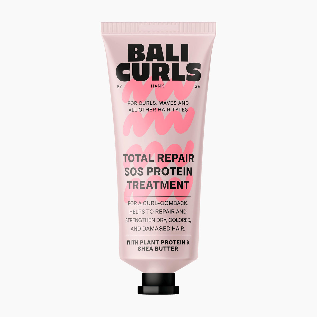 A pink squeeze tube of Bali Curls Total Repair SOS Protein Treatment with a black cap, centered on a light gray background.