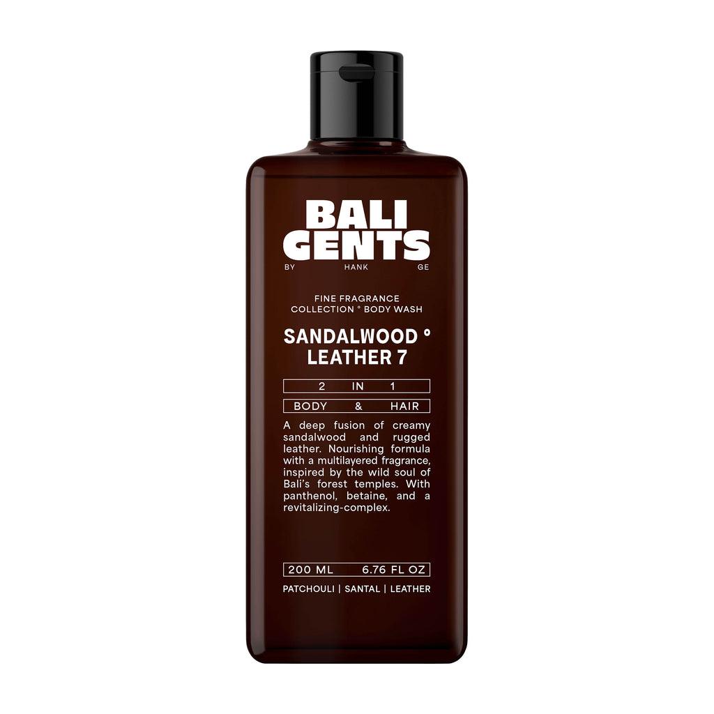 Bottle of Bali Gents Sandalwood Leather 7 body wash on a white background