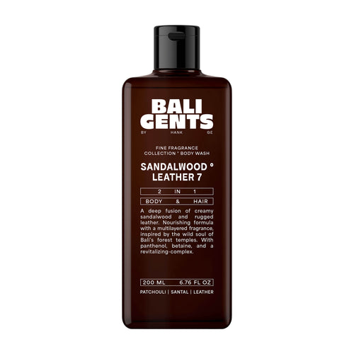 Bottle of Bali Gents Sandalwood Leather 7 body wash on a white background