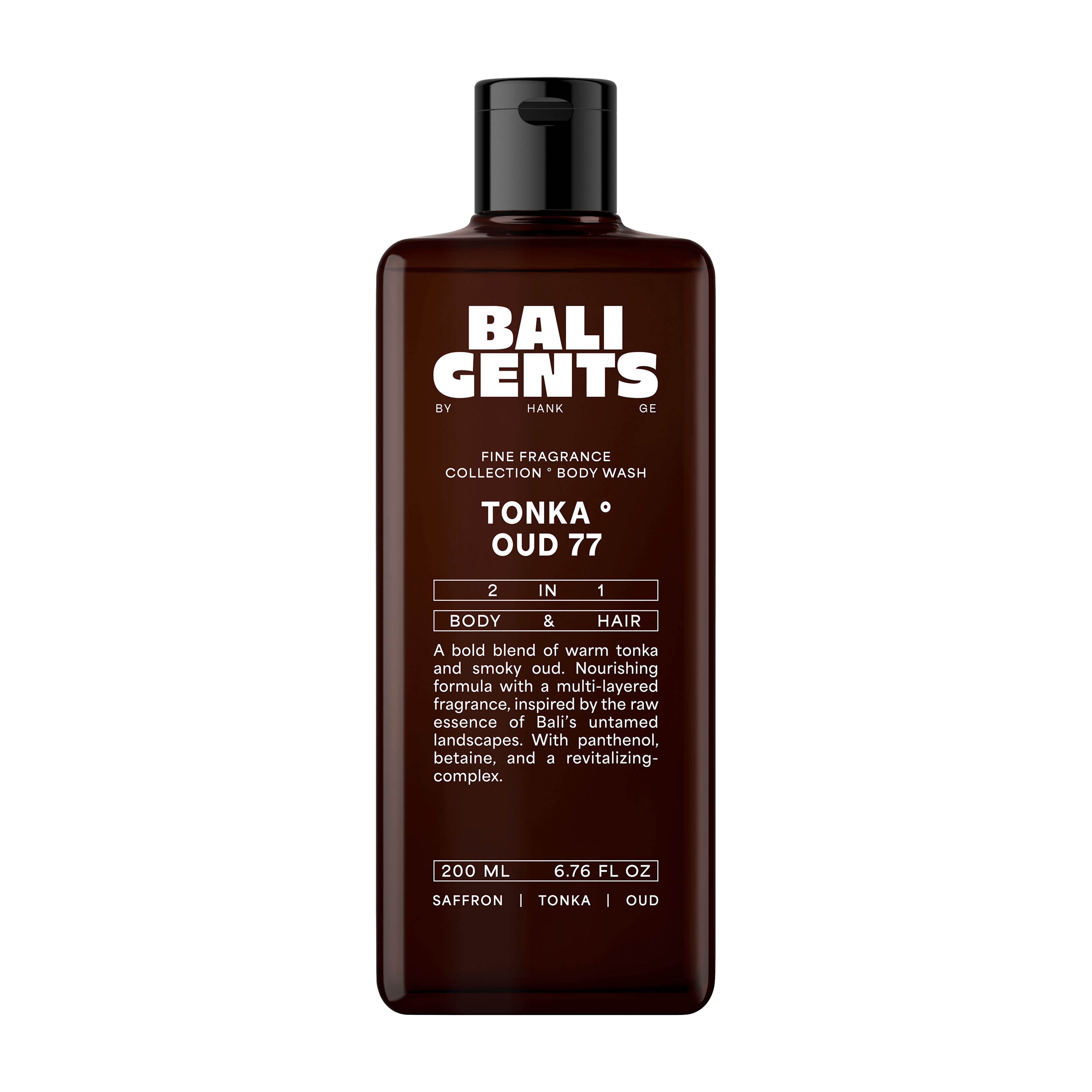 Brown bottle of Bali Gents Tonka Oud 77 body wash on a white background