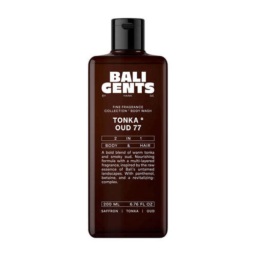 Brown bottle of Bali Gents Tonka Oud 77 body wash on a white background