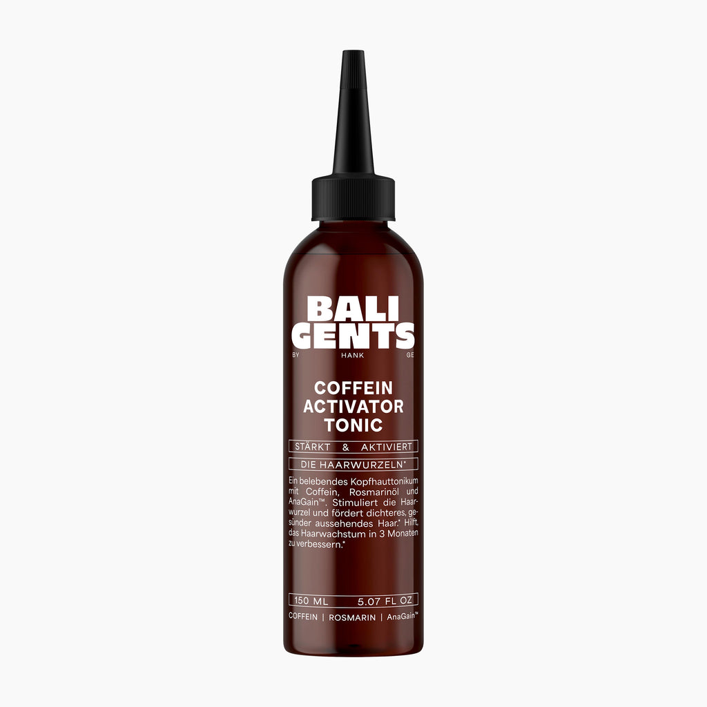 A bottle of Bali Gents Coffein Activator Hair Tonic on a light gray background.