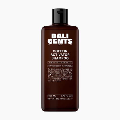 A 200 ml bottle of Bali Gents Caffein Activator Shampoo, featuring a dark brown translucent plastic bottle and a black cap, set against a plain white background.