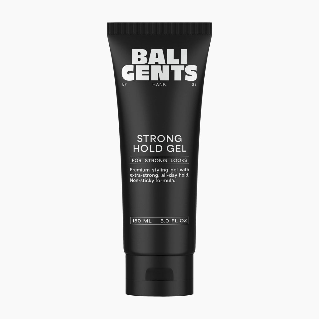 A black squeeze tube of Bali Gents Strong Hold Gel for strong looks, displayed on a clean white background.