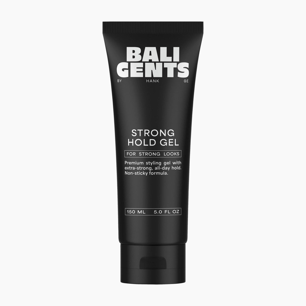 A black squeeze tube of Bali Gents Strong Hold Gel for strong looks, displayed on a clean white background.