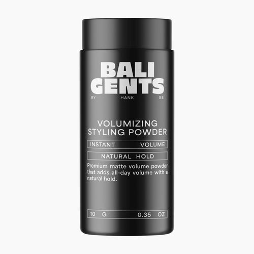 A matte black cylindrical bottle of Bali Gents Volumizing Styling Powder with white text, shown against a plain light gray background.