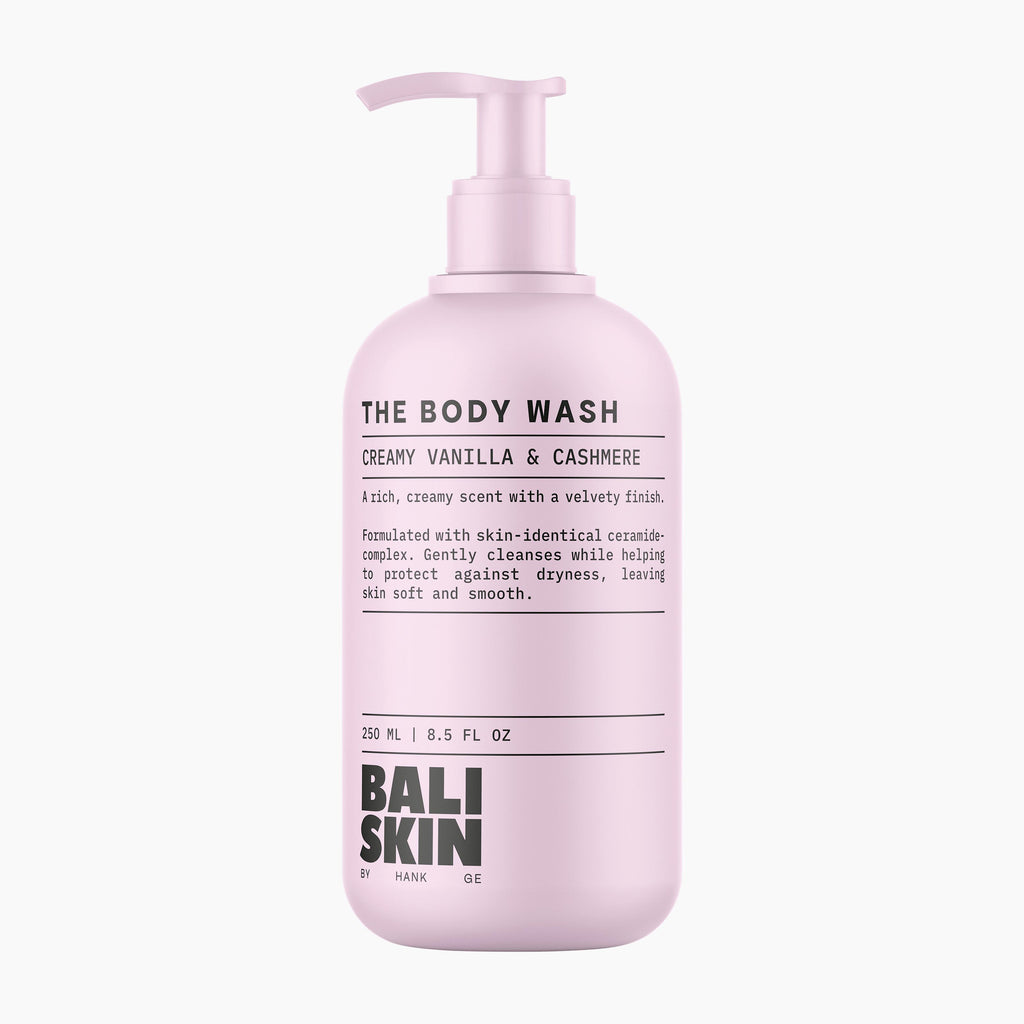 A 250 ml pump bottle of Bali Skin The Body Wash in Creamy Vanilla & Cashmere scent, shown on a clean white background.
