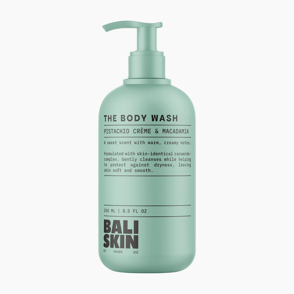 A mint green pump bottle of Bali Skin The Body Wash in Pistachio Crème & Macadamia scent, shown against a plain white background.