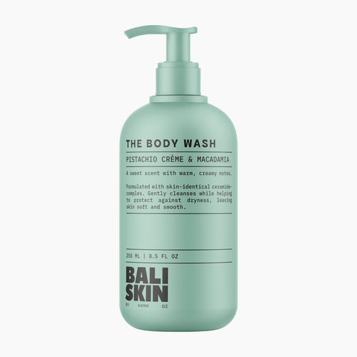 A mint green pump bottle of Bali Skin The Body Wash in Pistachio Crème & Macadamia scent, shown against a plain white background.