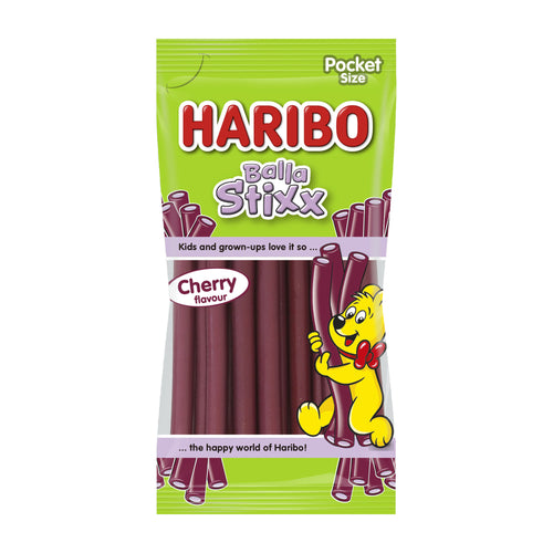 Haribo Balla Stixx cherry-flavored gummy sticks packaging on a white background
