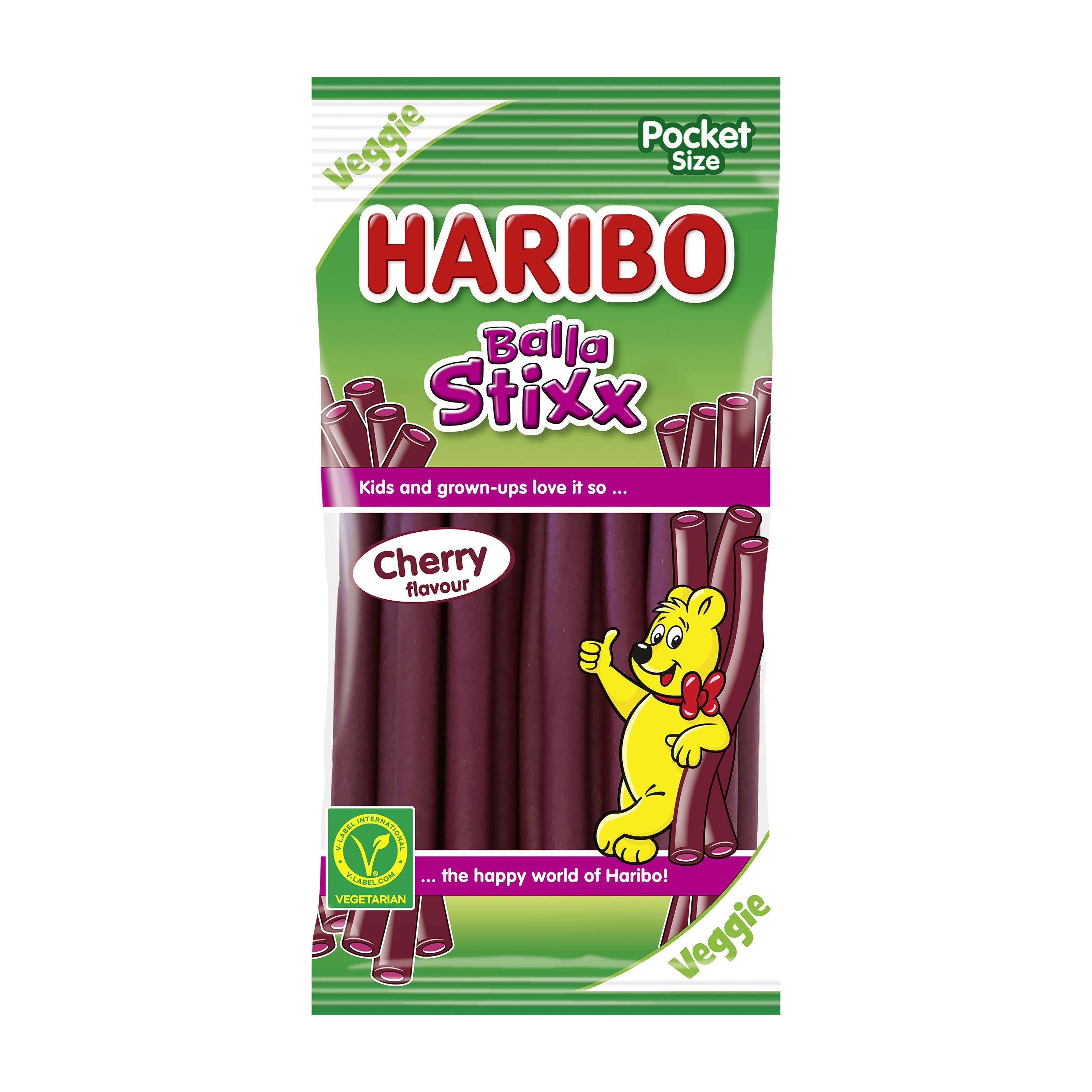Haribo Balla Stixx Cherry flavored gummy candy packaging on a white background.