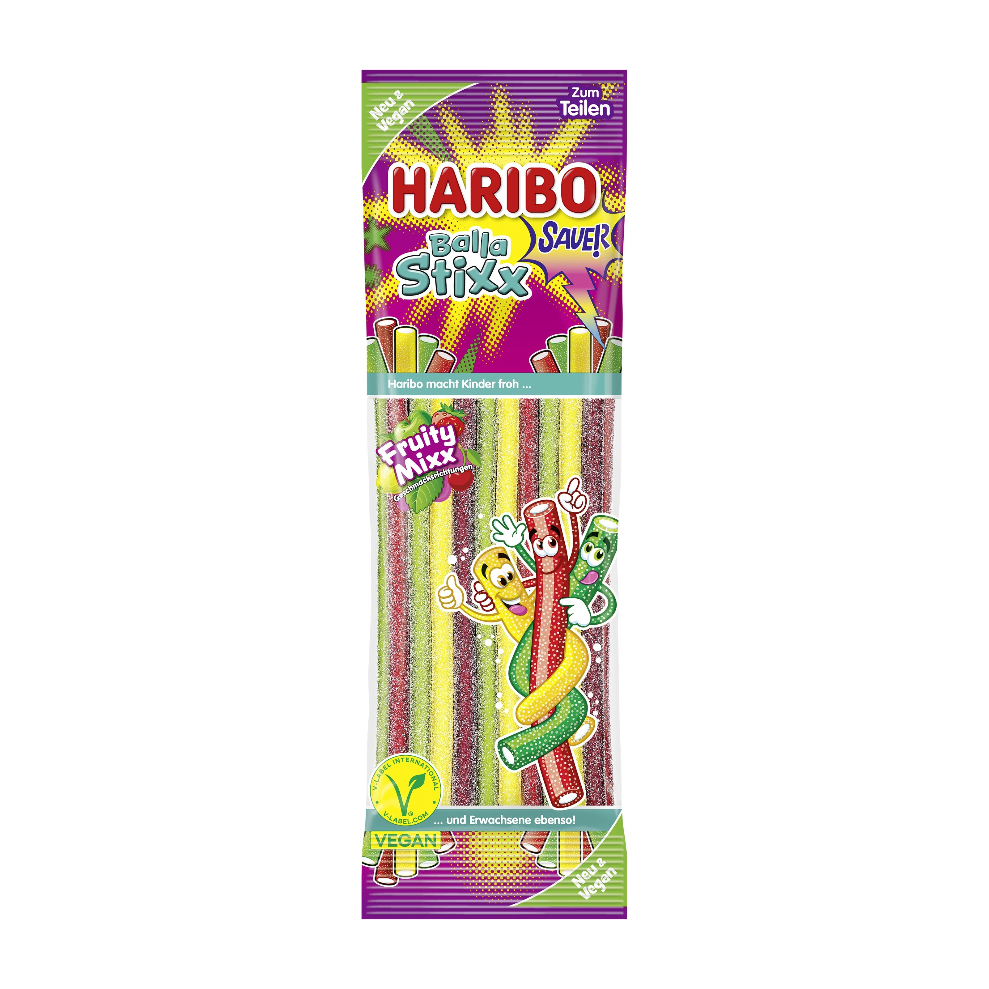 Haribo Balla Stixx Sour gummy candy sticks packaging on a white background
