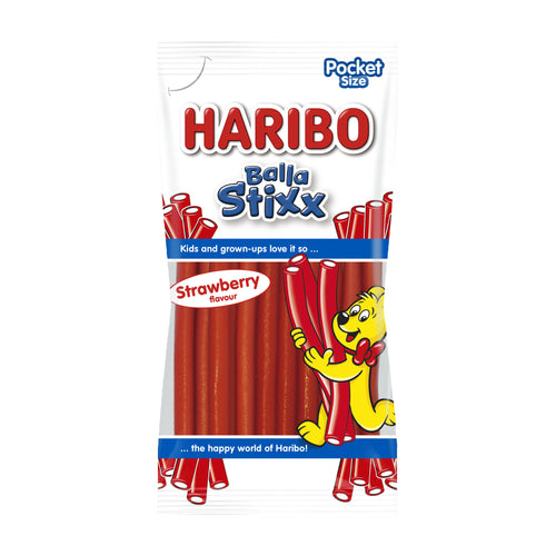 Haribo Balla Stixx strawberry flavor package on a white background