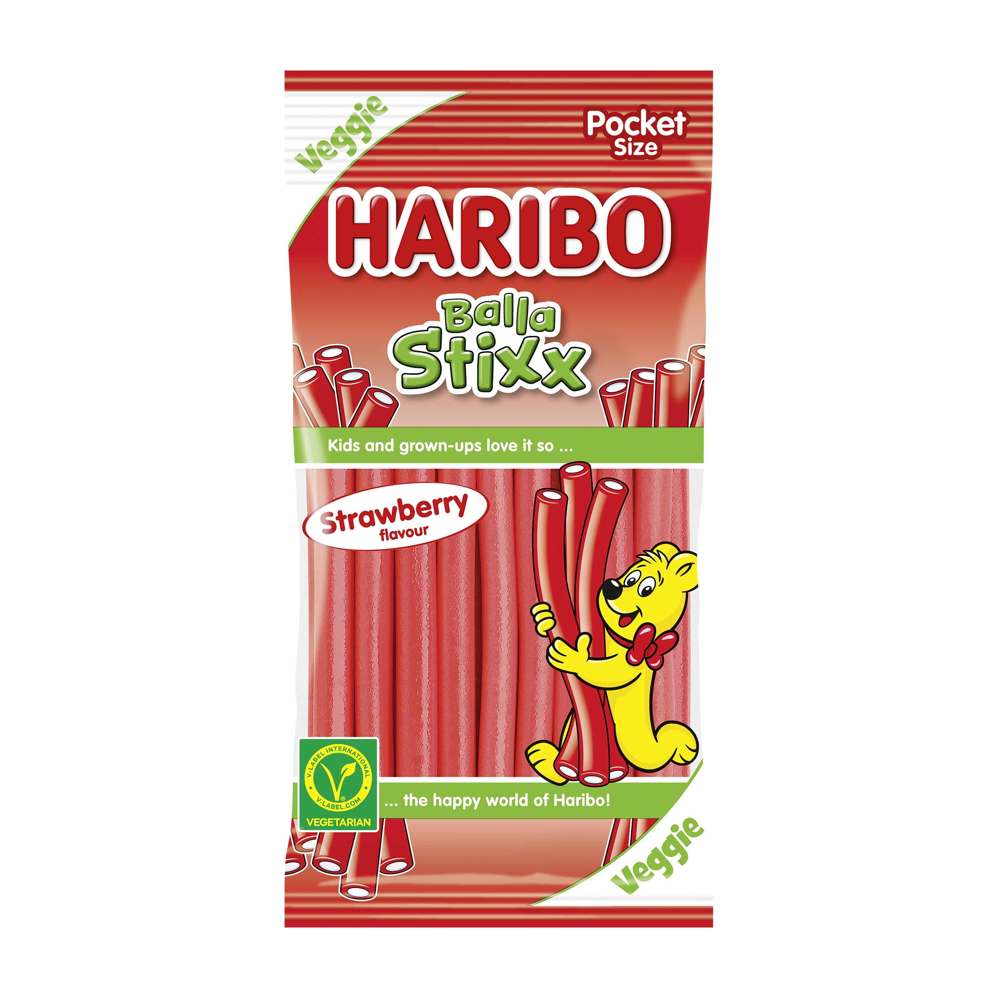 Haribo Balla Stixx strawberry flavor package on a white background