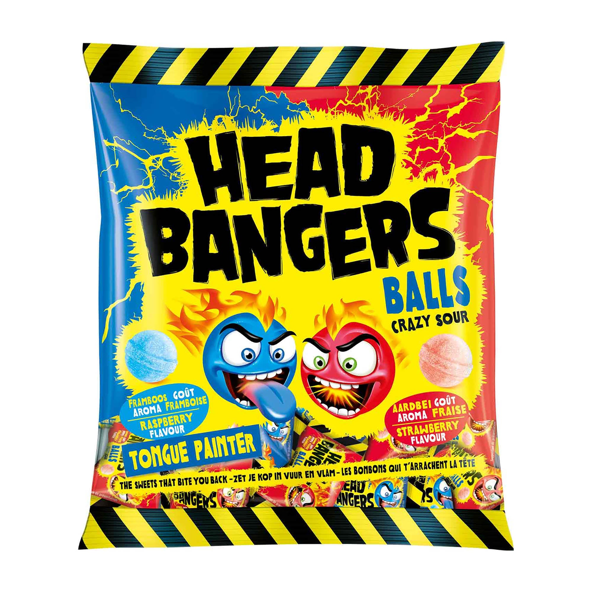 A package of Head Bangers Balls with 'Crazy Sour' raspberry and strawberry flavors. The packaging is primarily yellow and black with images of the candies and a cartoon of a character licking a candy.