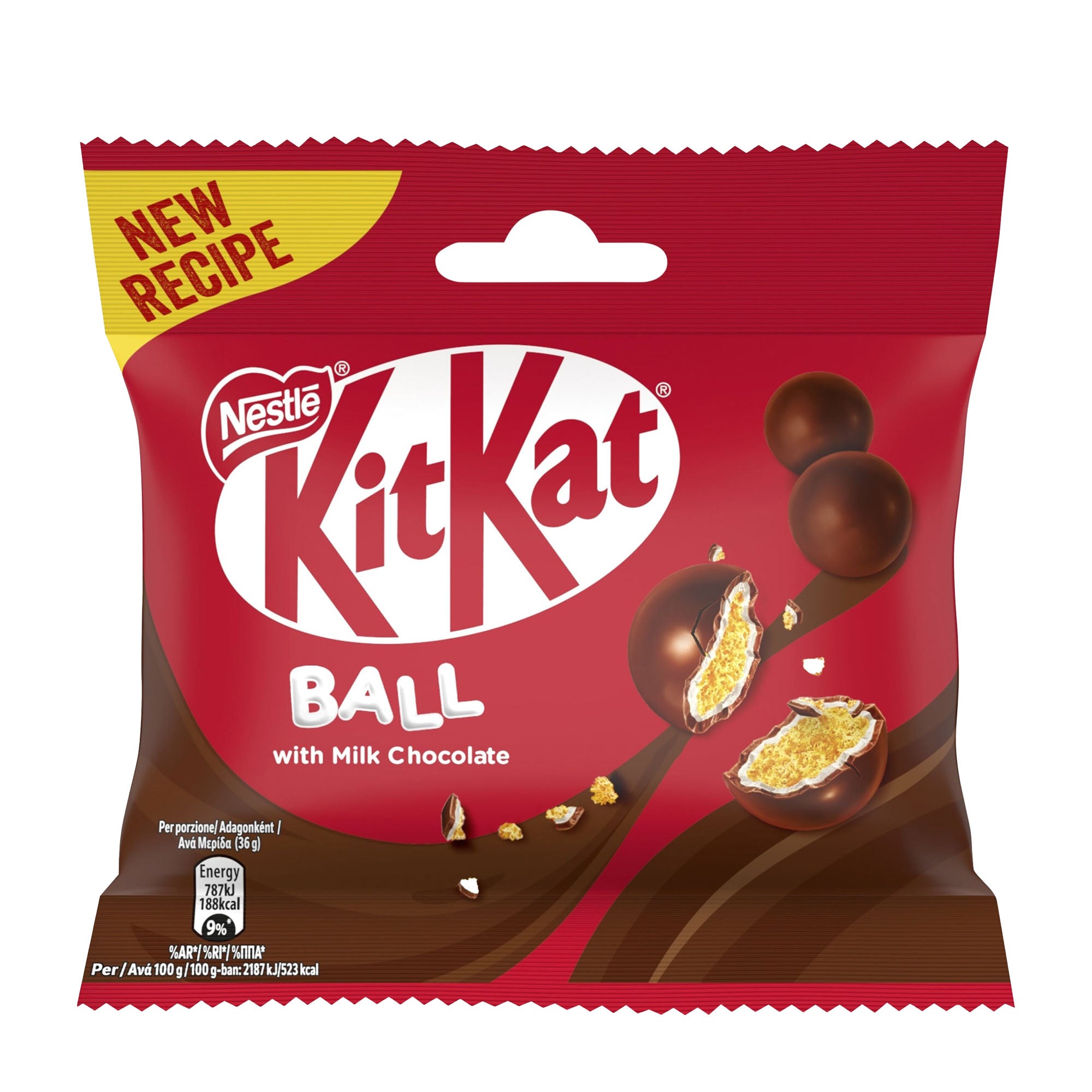Kit Kat Ball packaging with red and yellow design on a white background